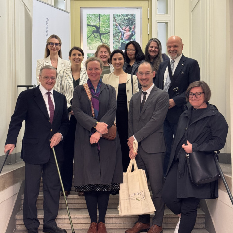 Vertreter der Eva Mayr-Stihl Stiftung mit IUFR-Team auf einer Treppe.
